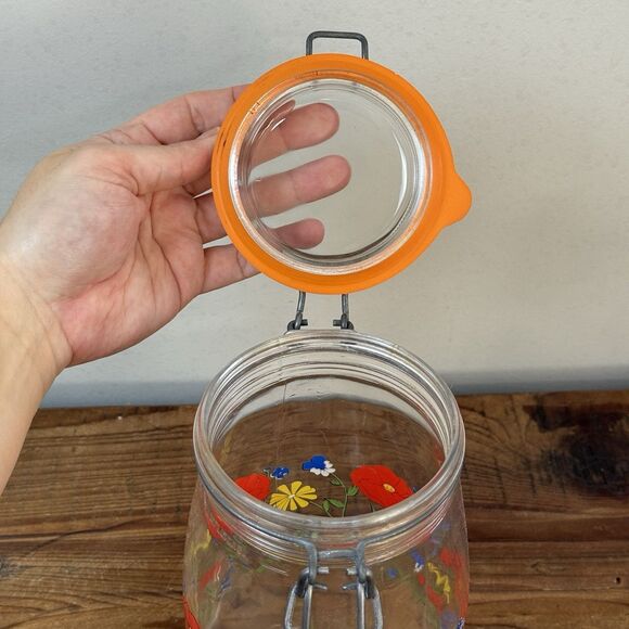 Vtg Arc France Poppy Glass Canister Set R Carman 1.5L 3/4L MCM Retro 60s Arcoroc - Picture 7 of 14